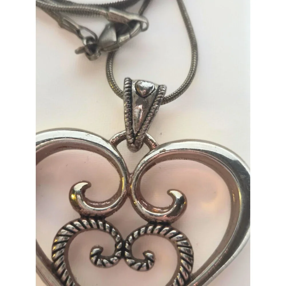 Heart Scroll Pendant Necklace Silver Tone Open Heart Filigree Style Snake Chain